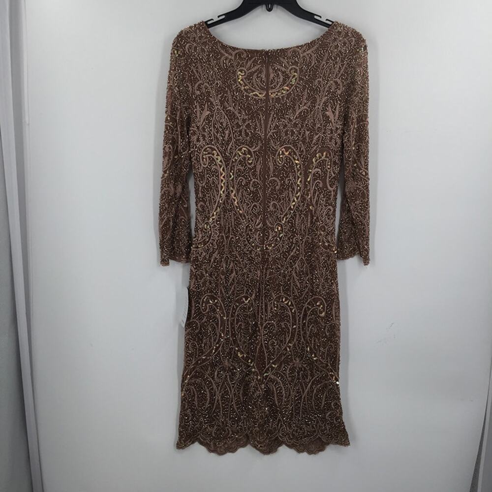 Pisarro Nights Beaded Sequin Embroidered Cocktail Dress Long Sleeve Tan Size 8 - Picture 10 of 12